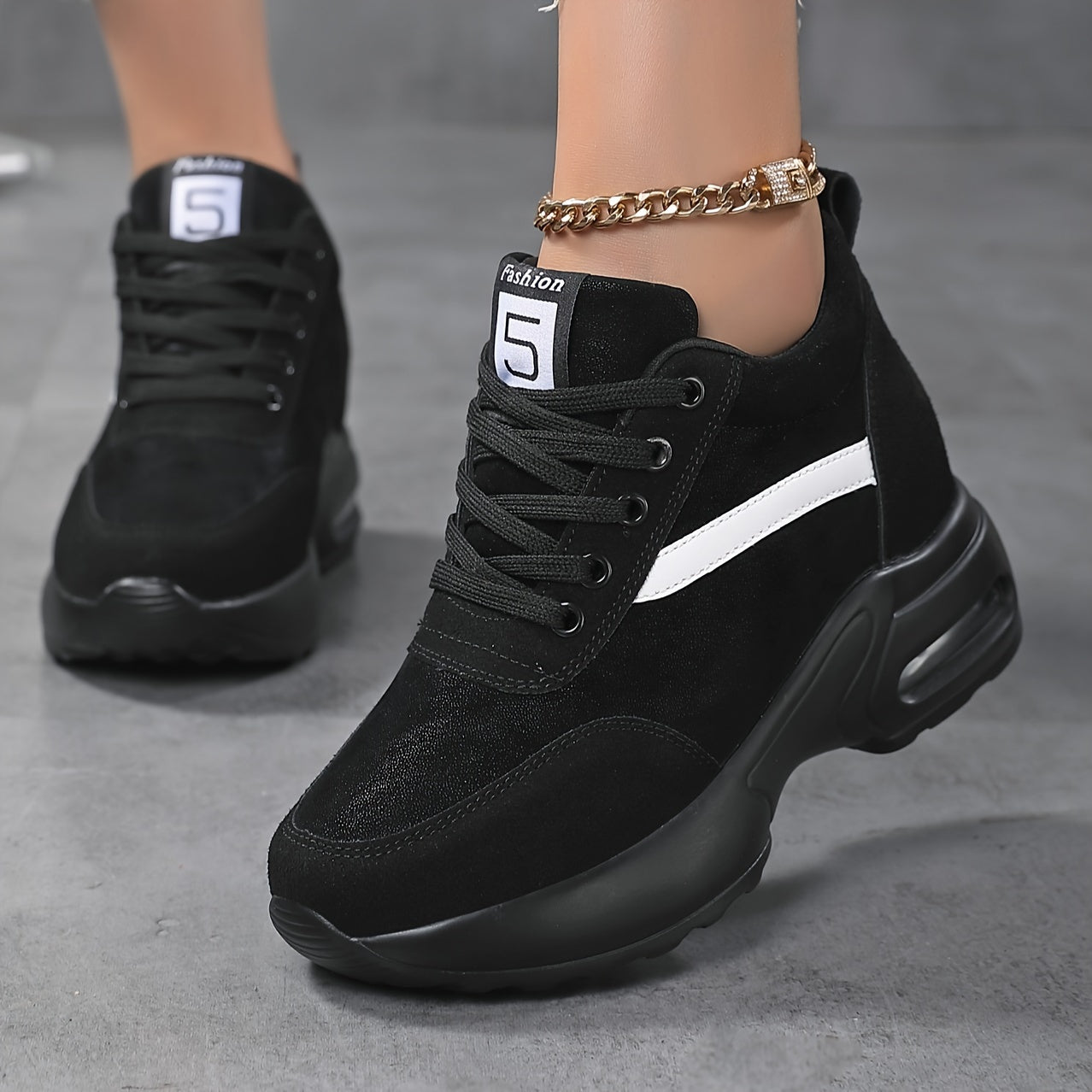 Women's Lace-up Front Chunky Sneakers With Air Cushion, Fashion Platform Sneakers With Hidden Heel For Outdoor Walking