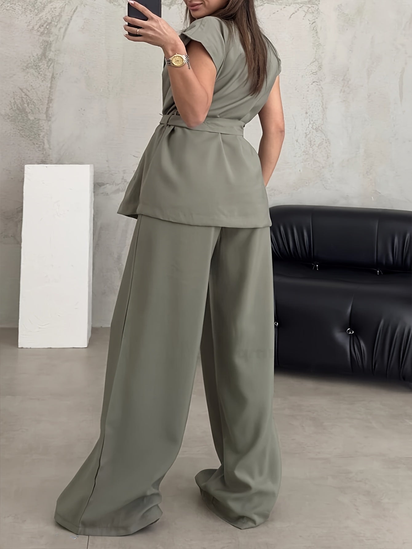 Women's Solid Color Casual Elegant Sleeveless Top and Wide-Leg Pants 2pcs Set