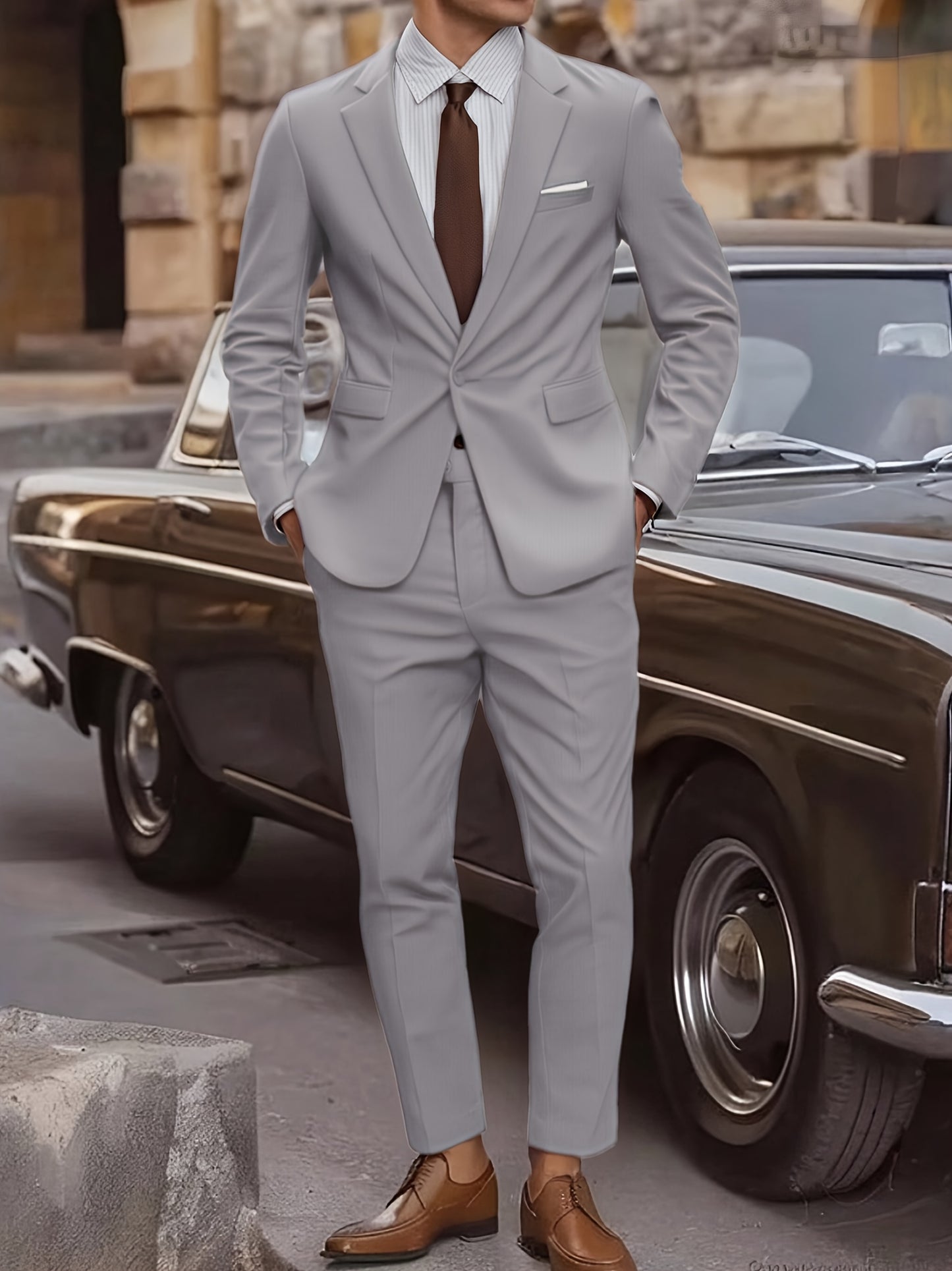 2pcs Men's Elegant Business Casual Suit Set - Includes Classic Lapel Blazer & Dress Pants, Polyester/Rayon Blend, with Pockets - Perfect for Weddings & Formal Occasions