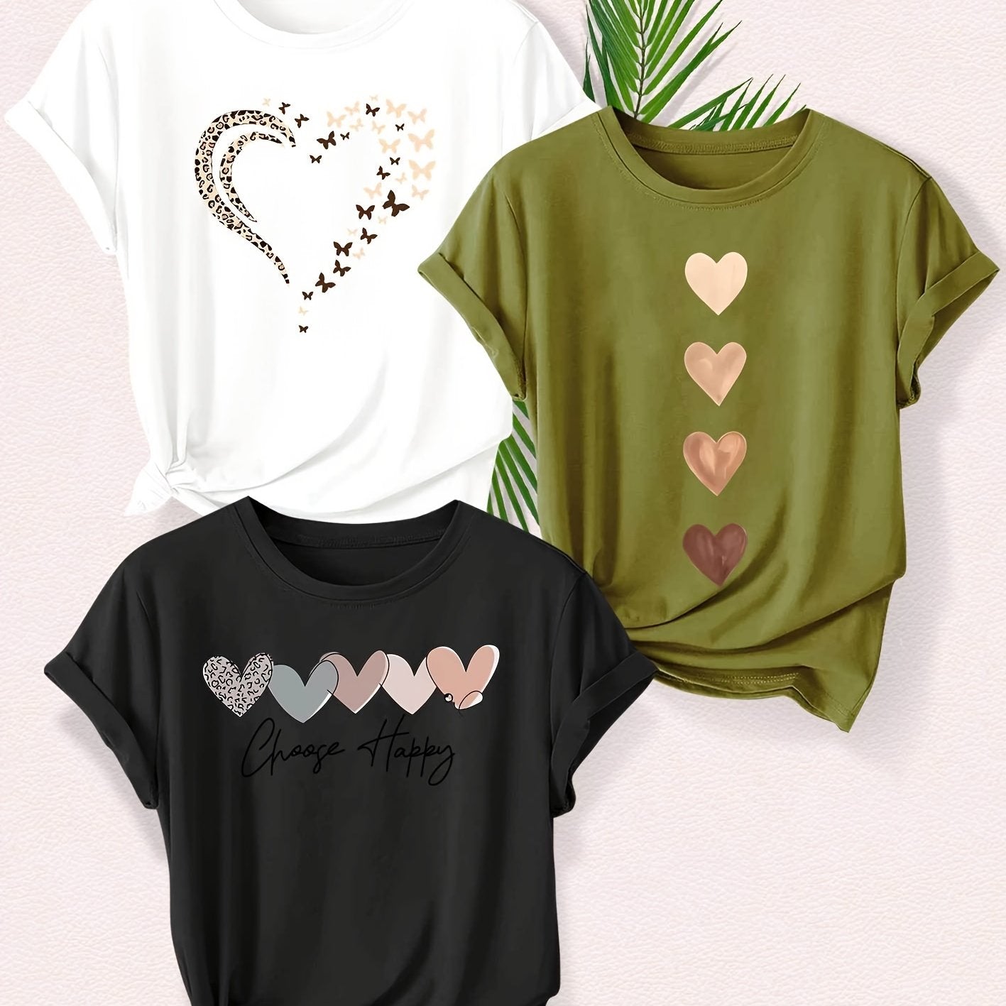 Leopard Print Small Butterfly Love Hearts in Pairs with English Letter Pattern Printed Fashion Retro Style Women's Spring, Autumn and Winter Casual Sports Top Round Neck Short Sleeve T-shirt 3pcs Combination Pack Family Pack