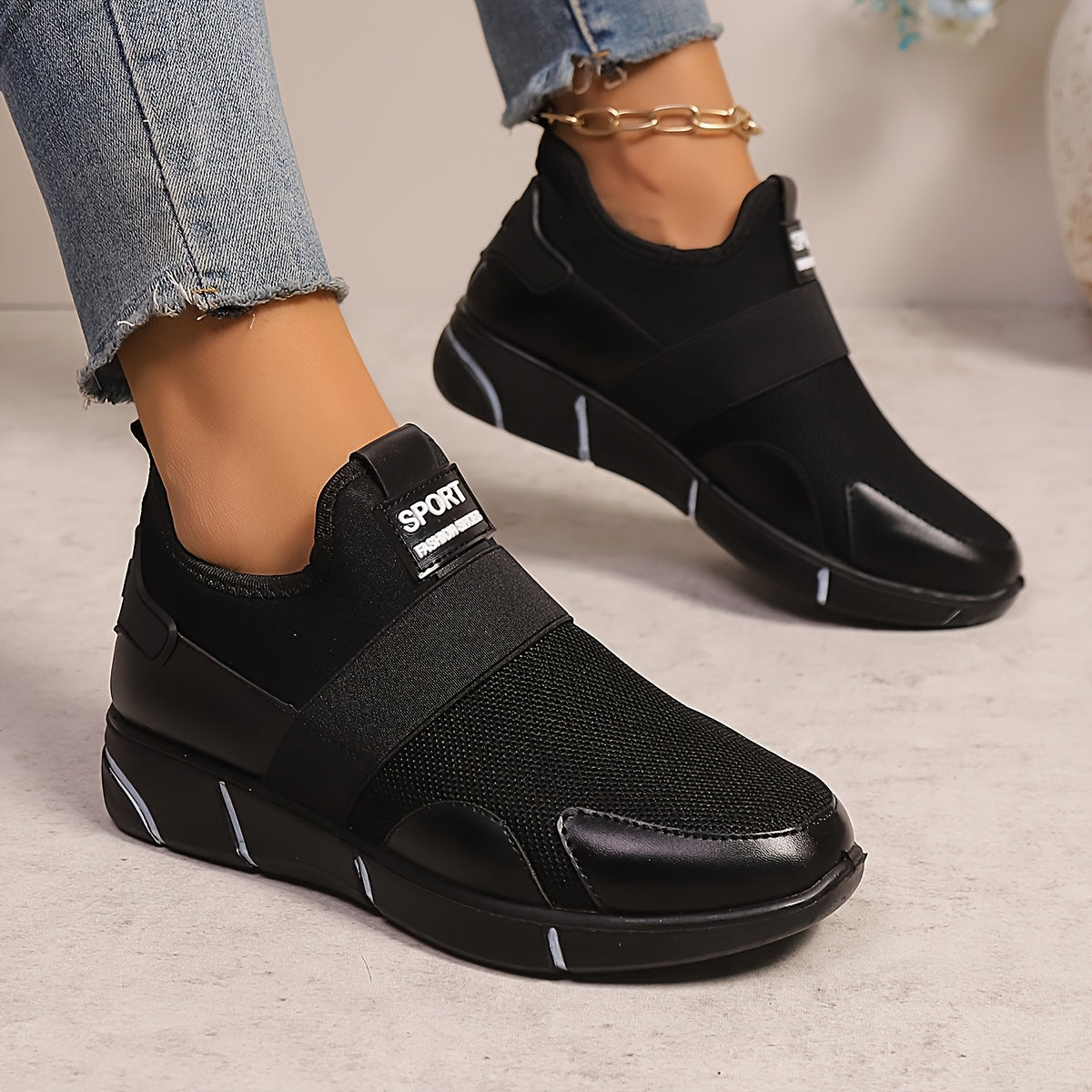 Women's Slip-On Sneakers - Lightweight Knit Upper, Breathable Design, Comfortable Casual Shoes with Strap, Black & Golden Accents, Round Toe for All-Day Wear, Sporty Sneakers | Round Toe Shoes | Flexible Sole, Ladies Sneakers