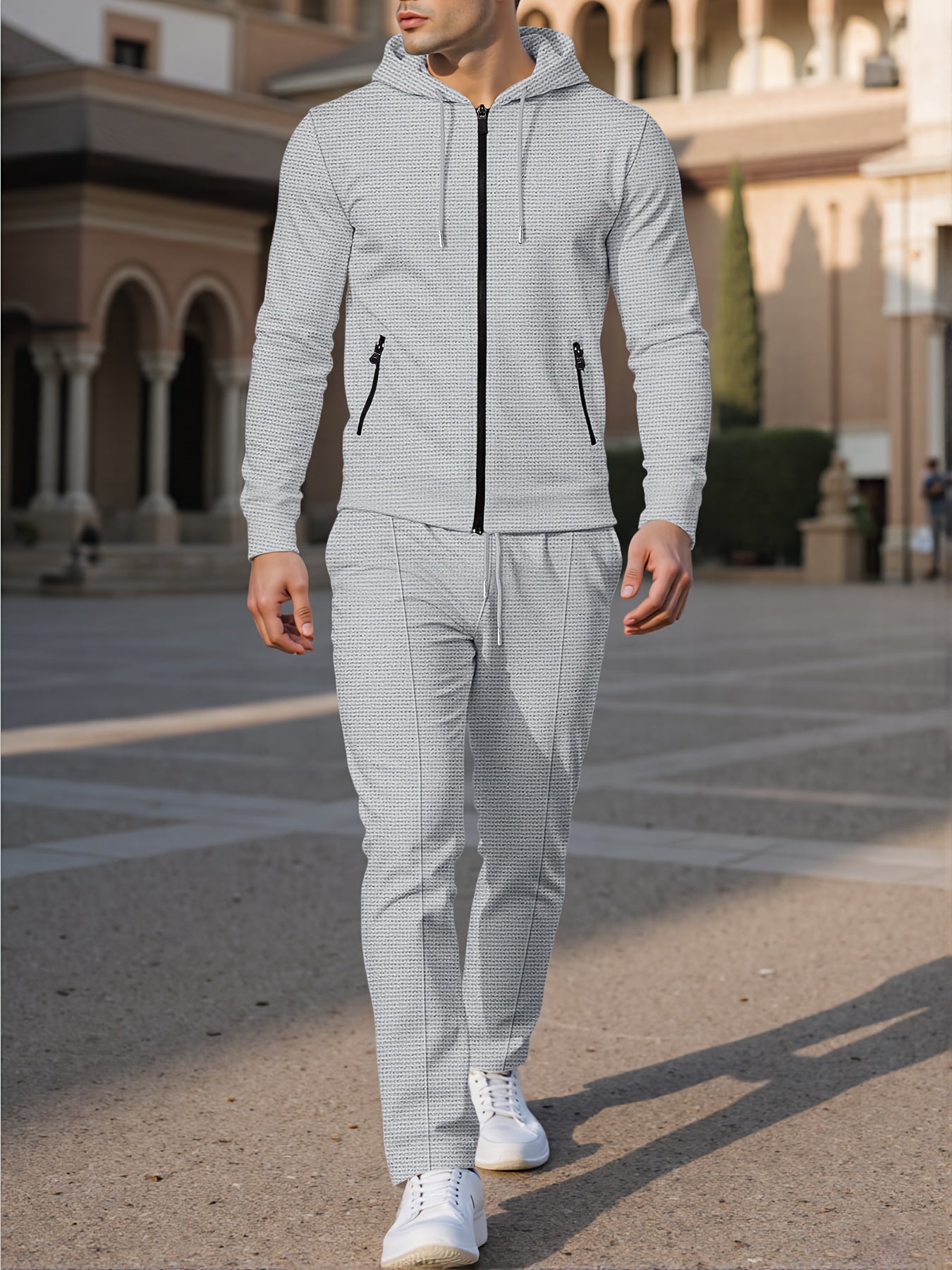 New Style Autumn Men's 2pcs Set, Casual Hooded Long Sleeve Zip-Up Sweatshirt and Drawstring Jogger Pants with Pockets, All-Season Outfit for Men