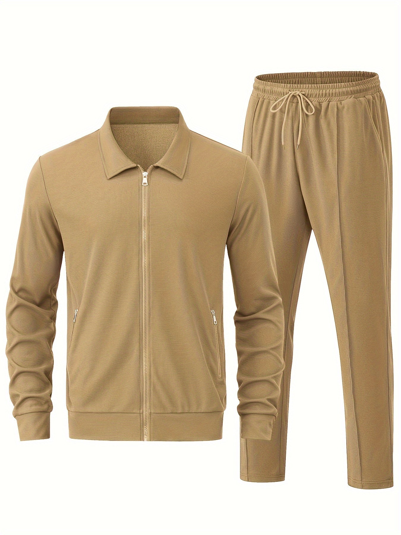 Men's Solid Waffle 2pcs Athletic Outfits, Zip-up Jacket & Pants co ord set for Outdoor Sports