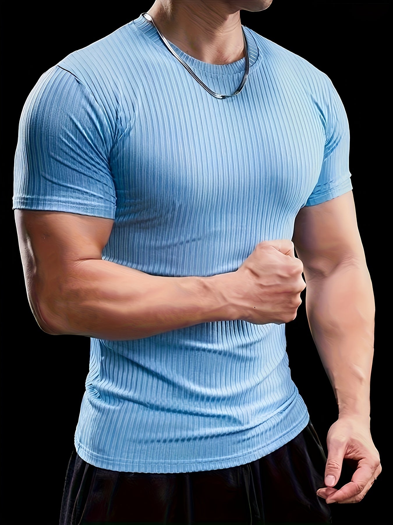 Men's Slim Fit Ribbed Short Sleeve T-Shirt - Stretchy Athletic & Casual Wear, Green, Round Neck, Machine Washable, Muscle-Enhancing Design, Gym Shirts