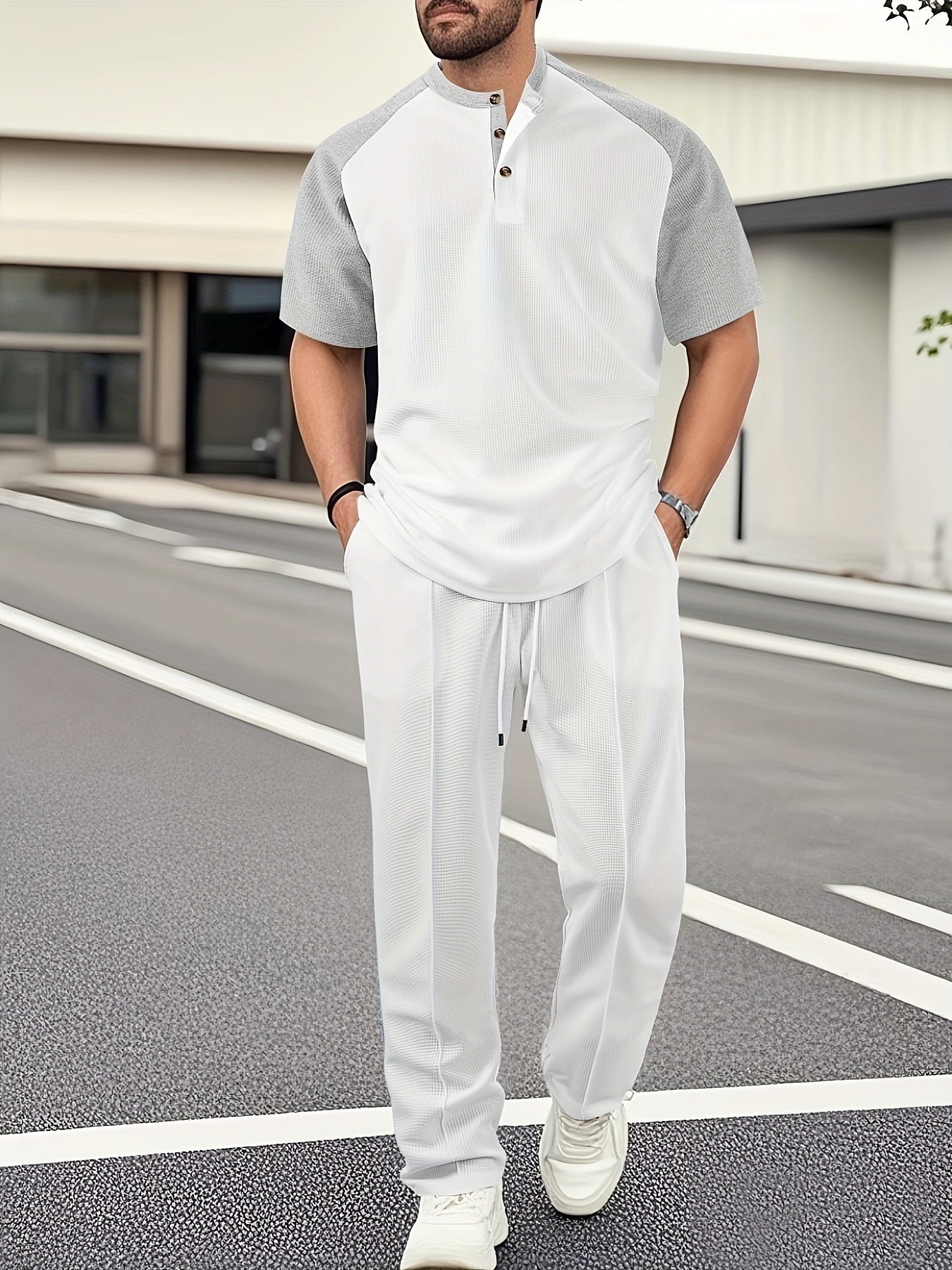 Men's Casual Mixed Color Spliced Set: Shirt and Drawstring Pants, Clean and Comfortable