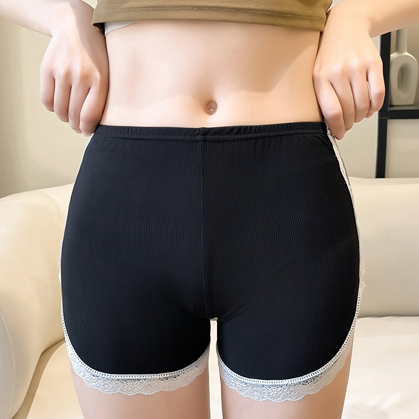 Women's High-Elasticity Safety Shorts - Breathable, Seamless, No-Show with Lace Trim, Black and White, Stretchy Fabric, Ideal for Summer Casual Wear, High Waisted Shorts