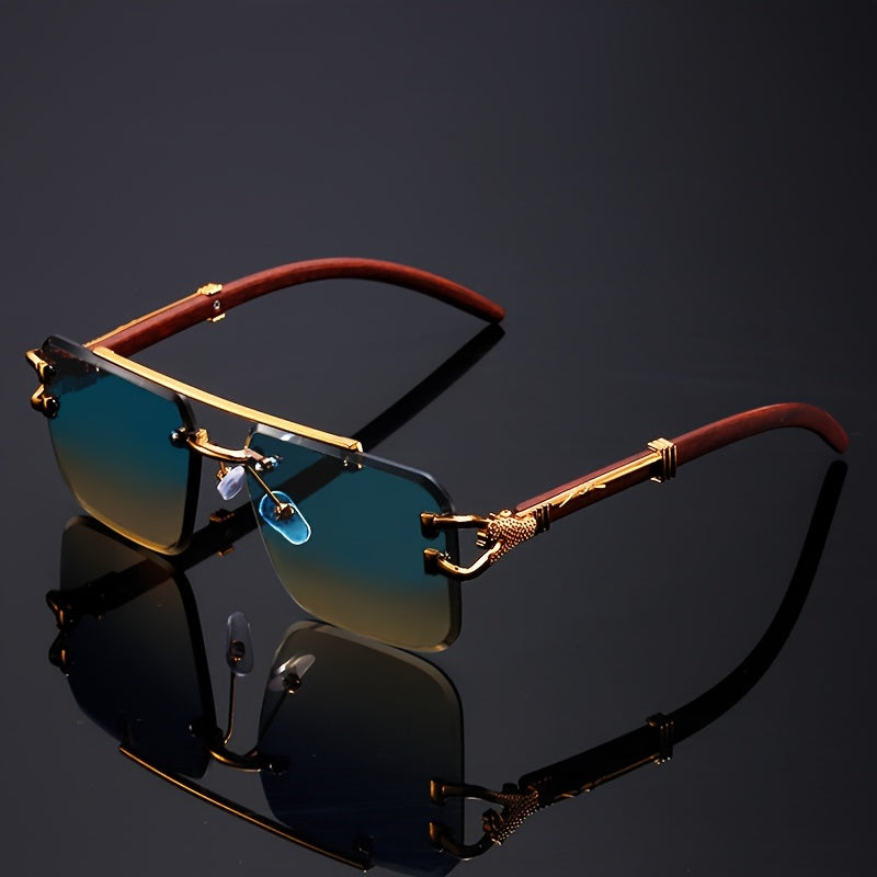 Elegant Rimless Pilot-Style Fashion Glasses for Men & Women - Golden Leopard Print with Green Gradient Lenses, Lightweight Metal Frame, Ideal for Beach Parties & Travel