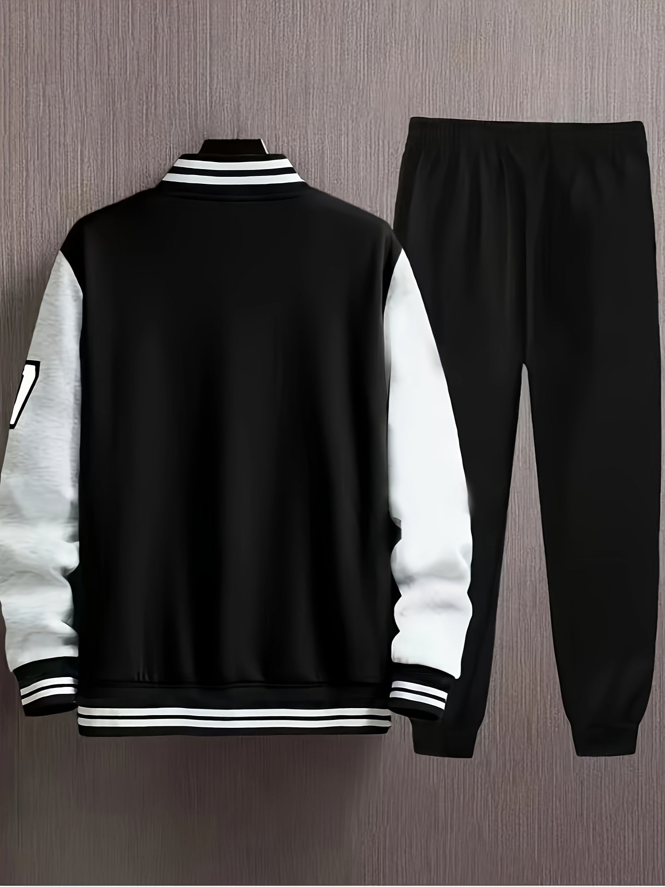 Men'S A07 Sporty Casual Baseball Outfit - Black & White "A" Print Jacket with Pockets, Matching Pants, Polyester Blend, Fall/Winter Wear, Casual Sportswear | Letter Print Jacket | Knit Construction, Baseball Attire