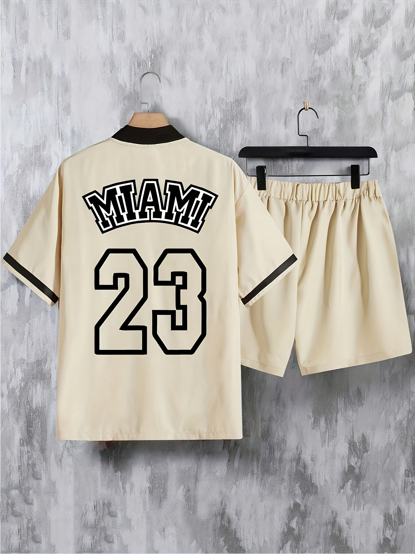 Men's Chicago Letter Print Casual Short Sleeve Baseball Shirt with Printed Webbing + Drawstring Shorts Two-Piece Set