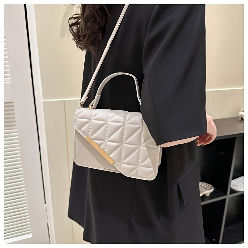 Diamond Quilted Pattern, Adjustable Shoulder Strap Fashion Small PU Crossbody Bag - White, Black, Khaki, Sky Blue, Messenger Bag, Lightweight, Removable Strap, Zipper Closure, Polyester Lining, No Printing, No Edge Paint