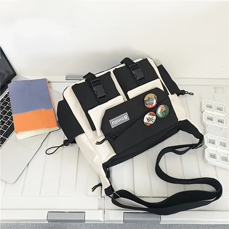 Trendy Nylon Messenger Bag - Casual Japanese-Inspired Shoulder Bag with Adjustable Strap, Large Capacity, Multi-Pocket Design for School & Sports, Blue & White