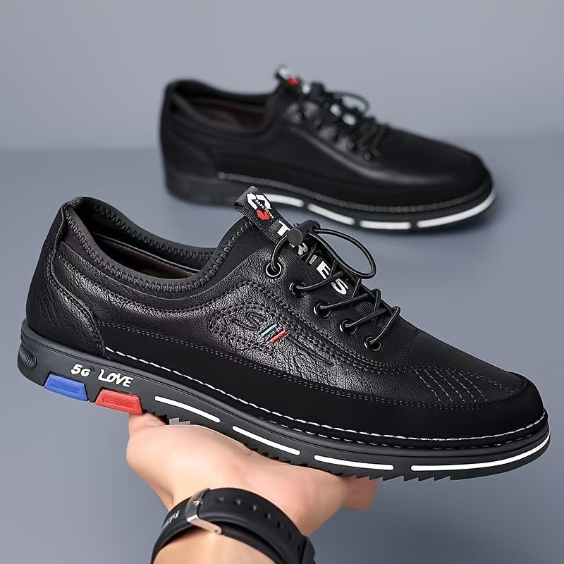 Men'S Stylish Black Loafers - Non-Slip PVC Sole, Lace-Up Casual & Business Shoes with Italian Flag Design, Round Toe, Fabric Lining for All-Season Wear, Versatile Footwear | Stylish Loafers | Durable PVC Sole