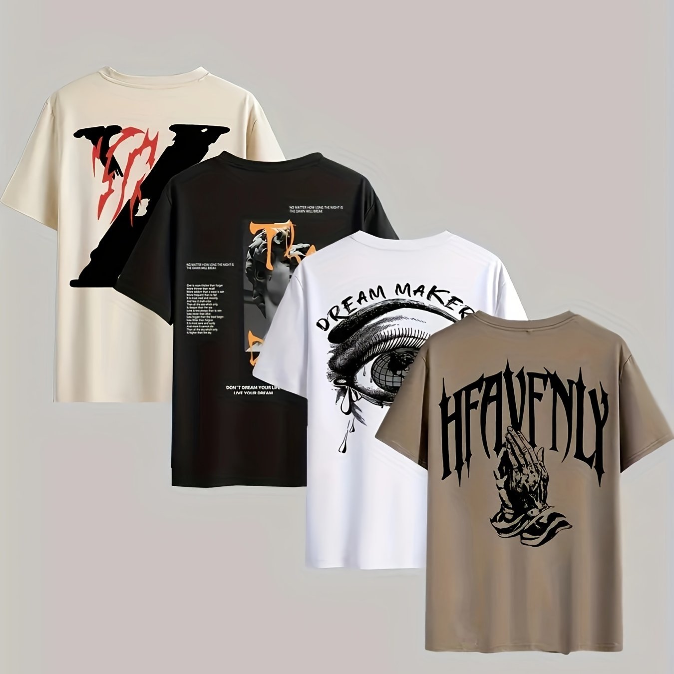 4pcs Men's Casual 3D Graphic T-Shirts - Bold Letter & Abstract Print Short Sleeve Tees, Regular Fit Round Neck, Machine Washable, All-Season Comfort, 4 Color Options, T Shirts Graphic, Edgy Streetwear, Nontransparent Fabric