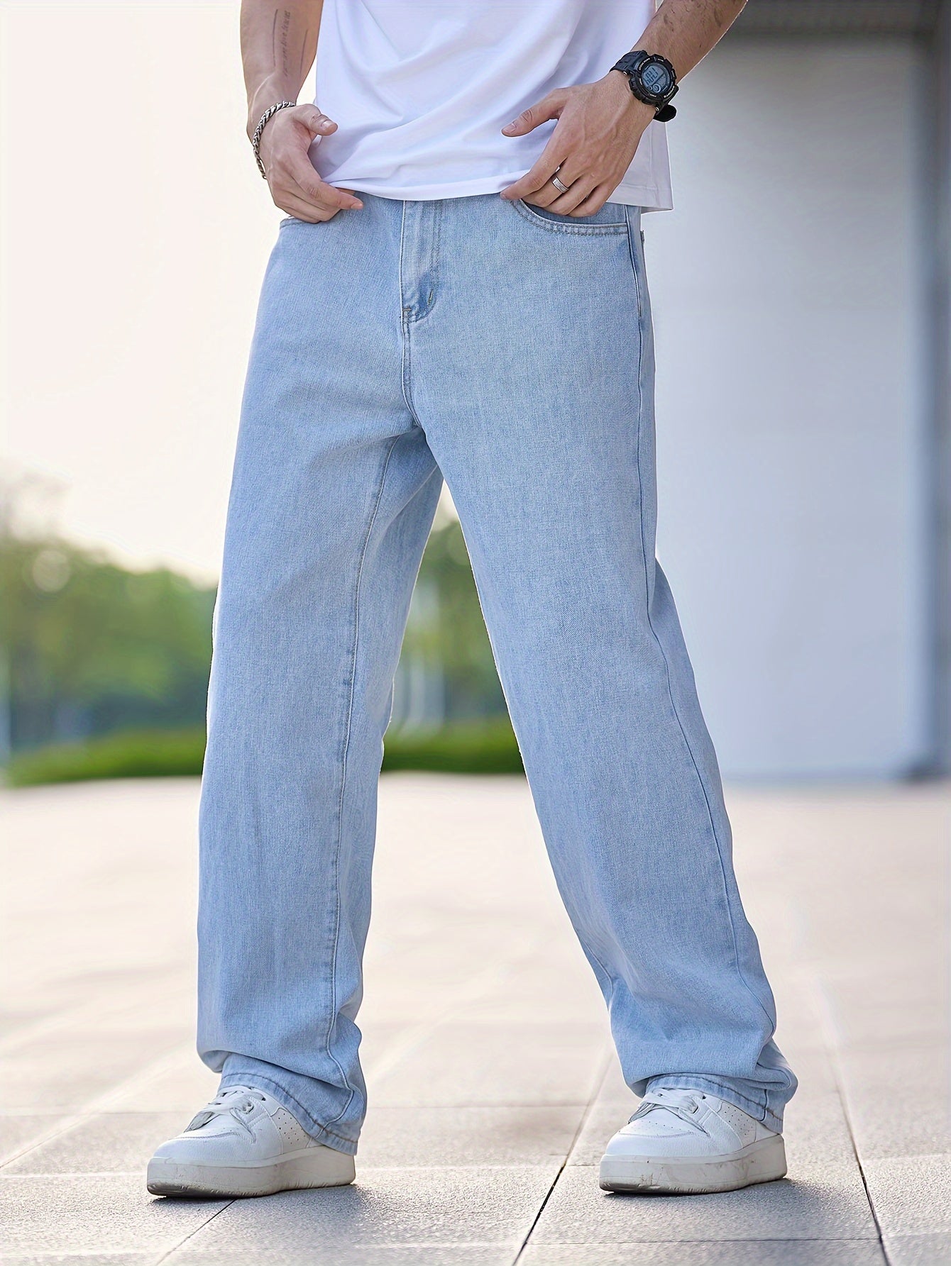 Men's Relaxed Fit Light Blue Denim Jeans - Casual Straight Leg Blend Pants, Machine Washable, Comfortable for Casual Attire, Casual Wear Jeans | Relaxed Fit Jeans | Blend Denim