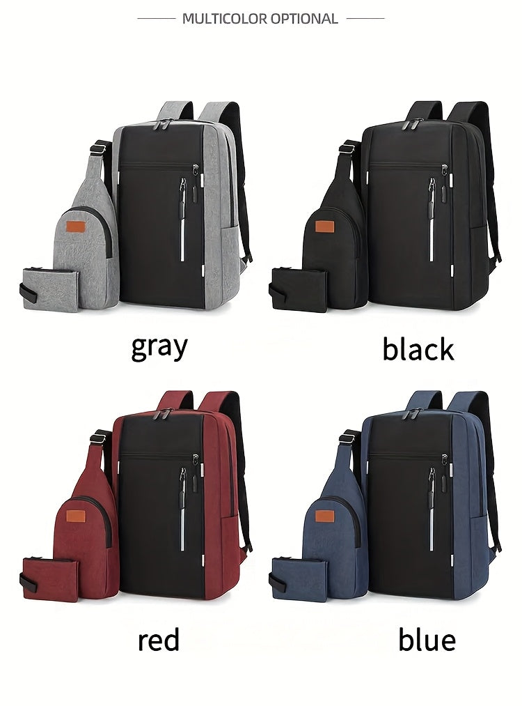 Three-Piece Set: Laptop Bag, Chest Bag, Wallet - Multi-Layer Oxford Fabric Adjustable Shoulder Backpack with Reflective Strip Design, Breathable Wide Strap Large Capacity Casual Storage Bag for Men, Suitable for Daily Commute