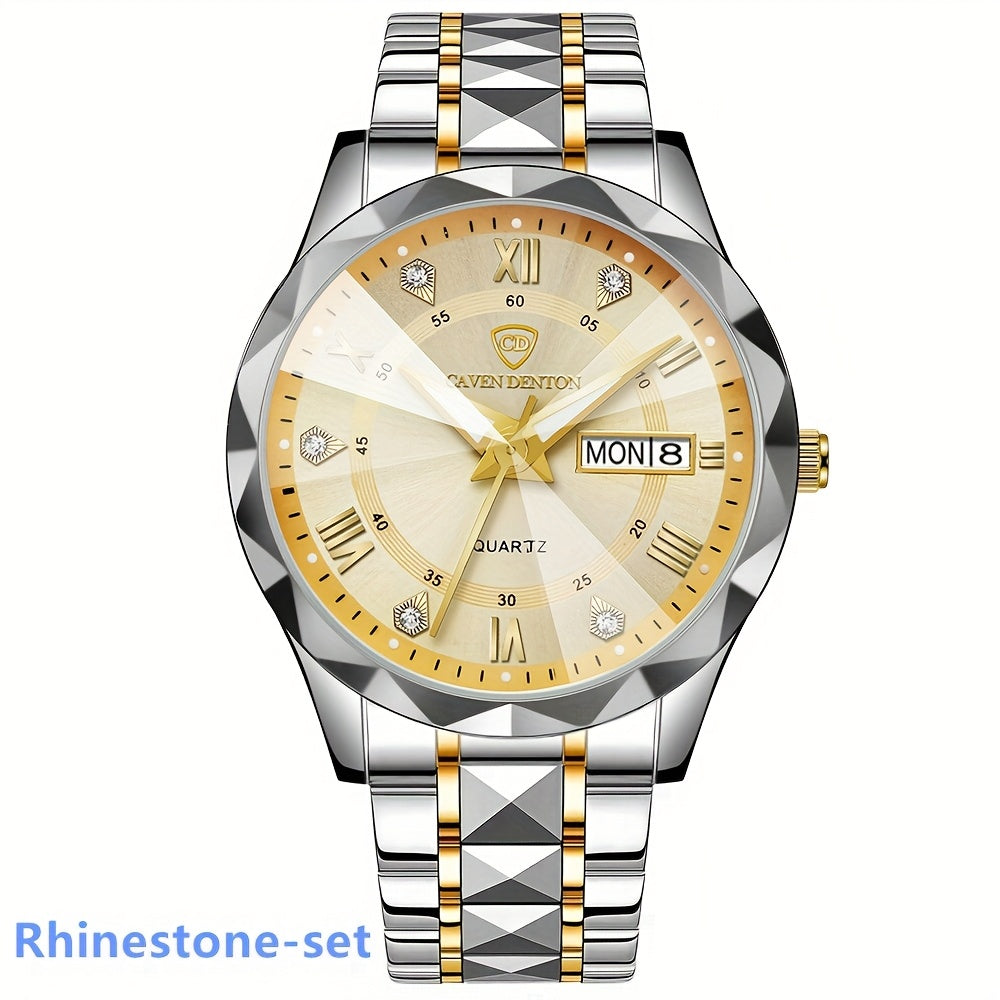 Fashionable Men'S Quartz Watch with a Diamond-shaped Dial, IPX7 Waterproof, Dual Calendar, Luminous Steel Strap, Business Watch