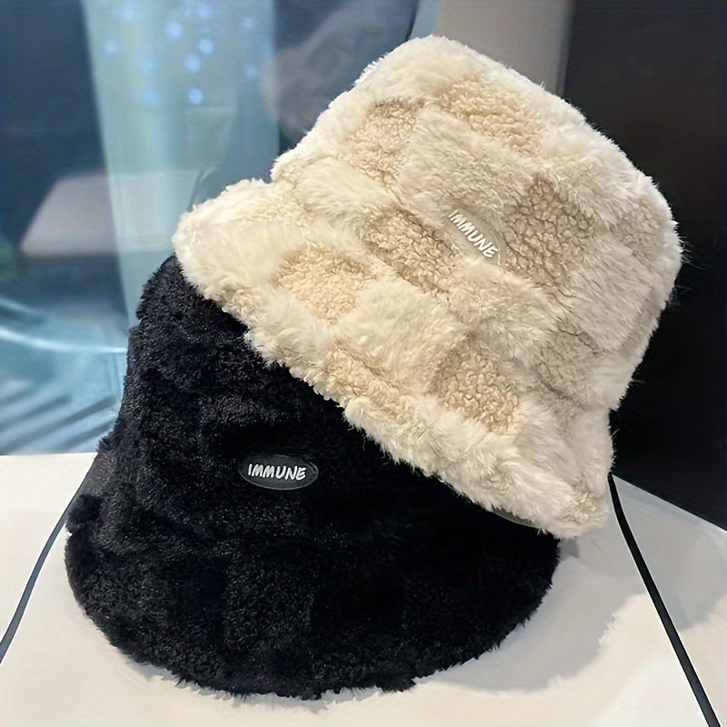 1pc Fashionable Unisex Winter Warmth Bucket Hat, Thickened Plush Polyester Fiber, Knitted Elastic Fabric, Cozy Plaid Fisherman Cap with Lettering