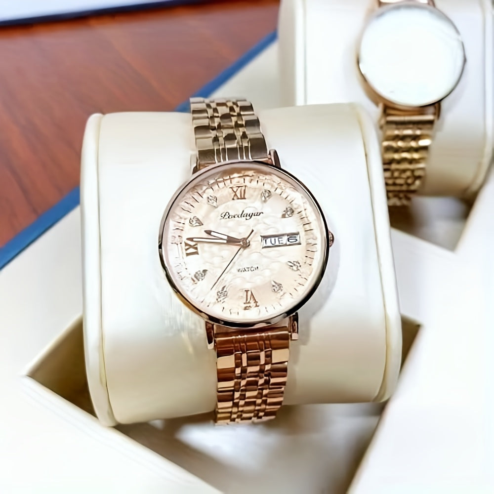 1pc POEDAGAR Elegant Women'S Quartz Watch - Luxurious Rose Golden-Tone with Luminous Hands, Calendar Display, Alloy Case & Band, Quartz Movement, Fashion Accessory|Elegant Timepiece|Rose Golden Finish, Watch Accessories