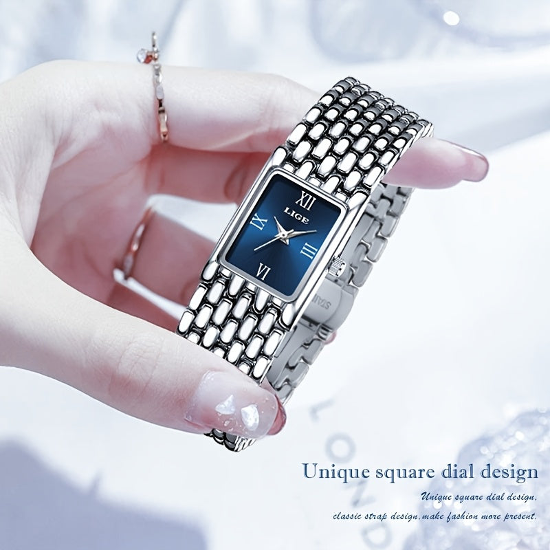 LIGE Women'S Luxury Quartz Watch - Stainless Steel Band, Blue Dial with Roman Numerals, Elegant Fashion Timepiece for Casual or Sporty Wear, Elegant Timepiece | Sleek Watch Design | Alloy Watch Case