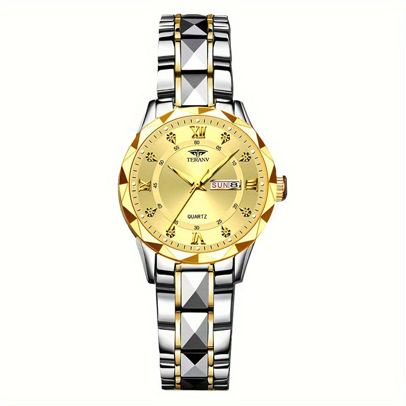 1pc Women's Stainless Steel Watch with Luminous Blue Dial, Date & Day Display, High Quality IPX7, Quartz Movement - Casual Elegant Design for Sports & Travel, Birthday Holiday Gift, Casual Attire, Secure Clasp Wristwatch
