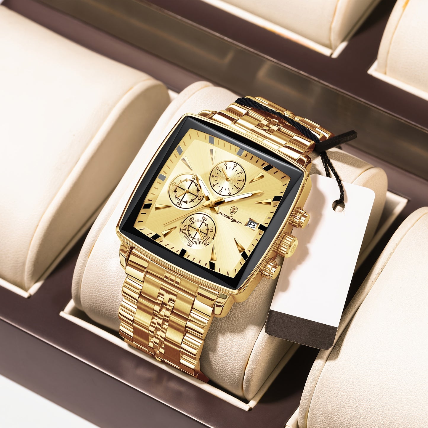 POEDAGAR Men's Stainless Steel Luminous Watch - Blue Dial Chronograph, High Quality Quartz Movement with Date Calendar, Golden-Tone Accents for Business Casual & Casual Attire, Formal Accessory, Stylish Accessory, Refined Cra