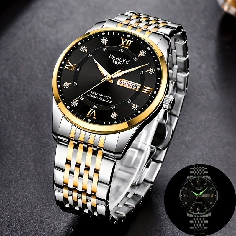 1pc Men'S Business Style Roman Dial Quartz Watch with Luminous Date and Day Display, Stainless Steel Alloy Strap, IPX7 Waterproof, Battery Operated, Elegant Fashion Accessory + Box