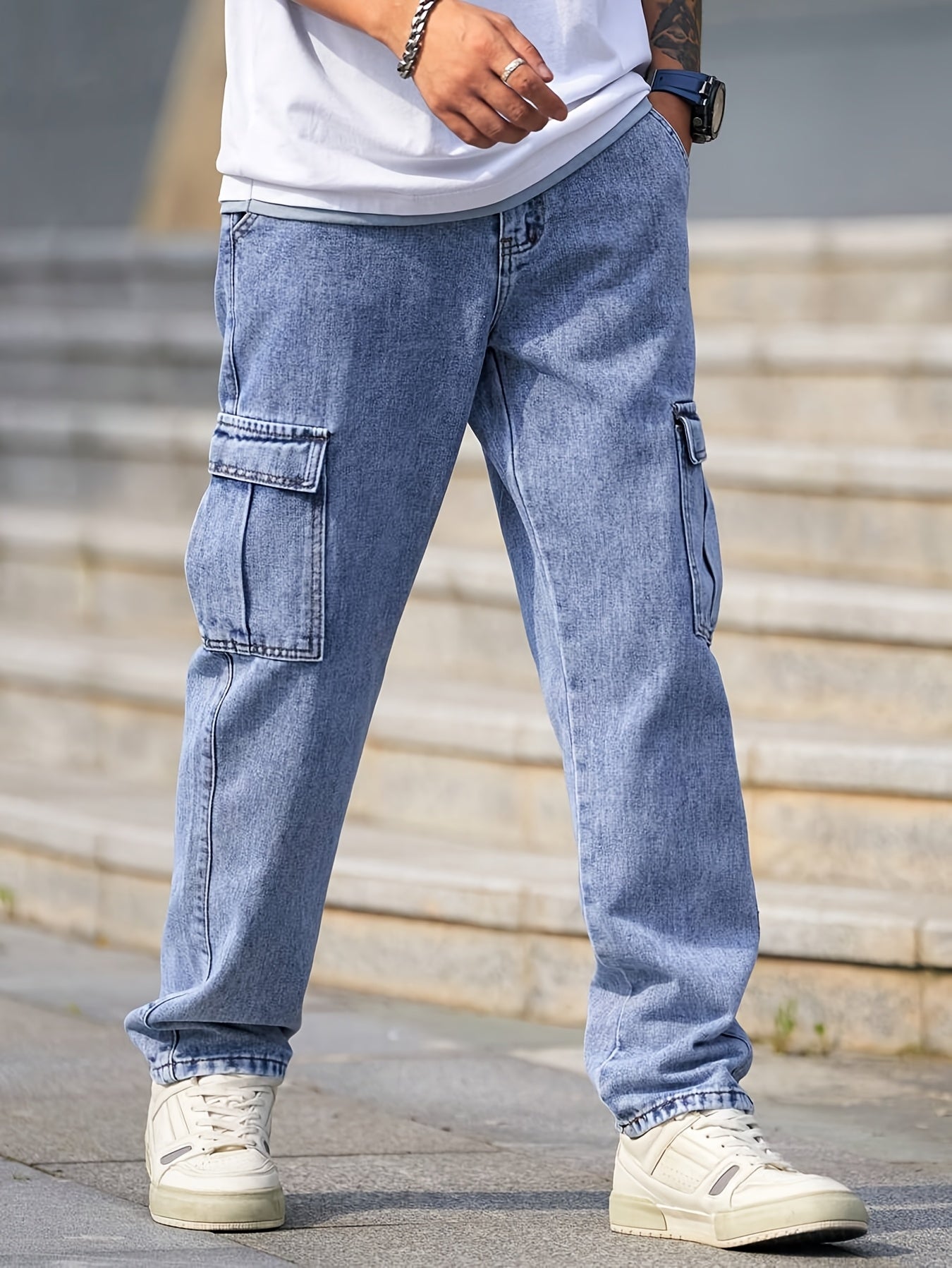 Men's Multi-Pocket Cargo Jeans - Casual Loose Fit Denim with Flap Pockets, Durable Cotton Blend, Ideal for All Seasons, Casual Wear Pants | Classic Blue Jeans | Cotton Blend Jeans