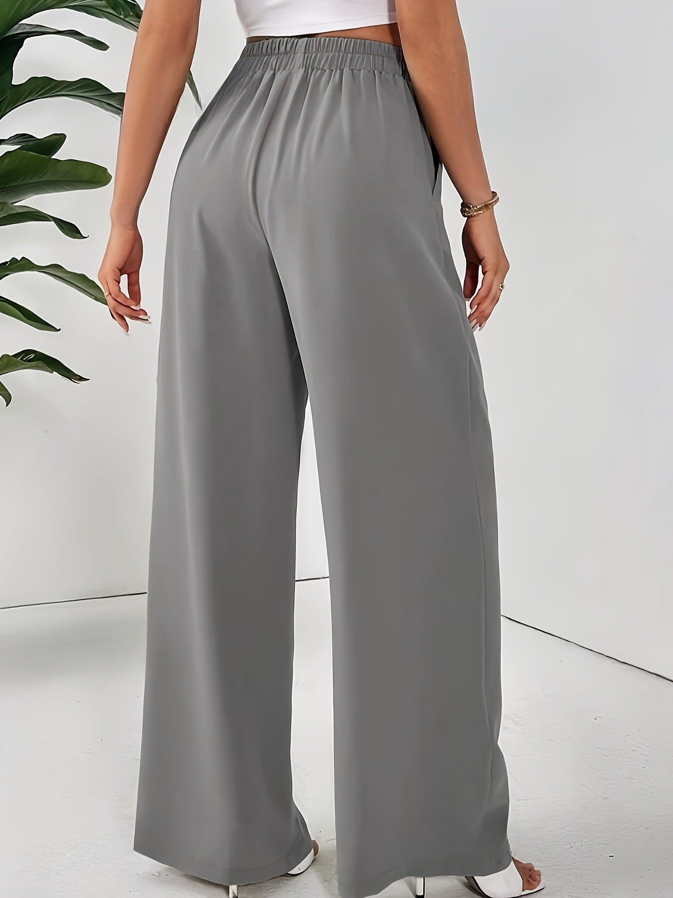 Women'S Stylish Gray Wide Leg Pants with Elastic Waistband and Double Pockets - Perfect for Office, Commuting, or Casual Wear