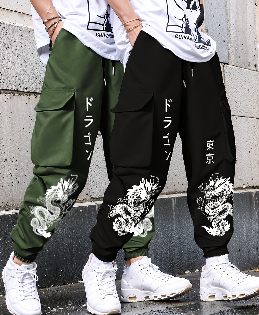2pcs set Men's casual large pocket overalls elastic waist drawstring printed flower pants for spring and autumn season, for Autumn, Spring