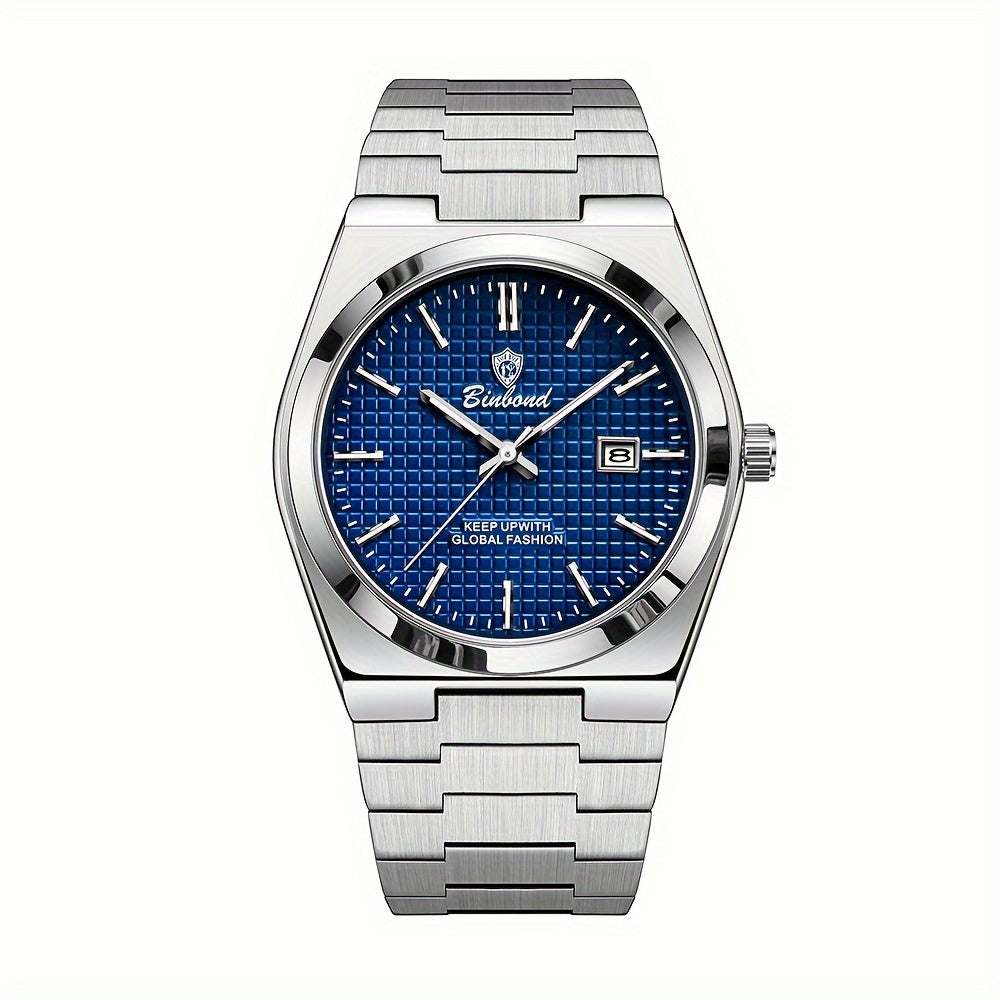 BINBOND Men's Elegant Quartz Watch, Blue/Green Checkered Dial, Glow-in-the-Dark Hands, Durable Steel Band, Waterproof, Date Display, Casual Style, Perfect for Daily Wear and Gift