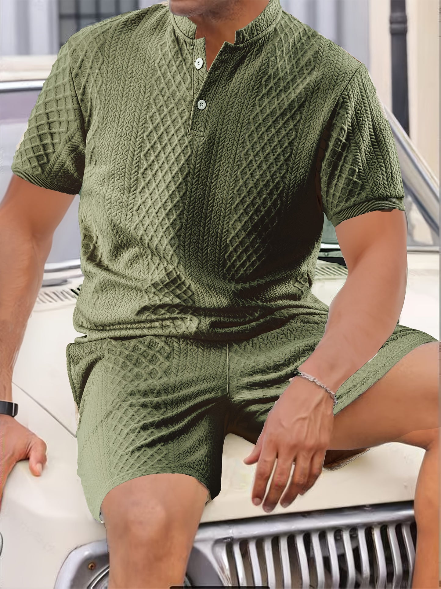 Two-Piece Set, Men'S Summer Outfit, Jacquard Set, Round Neck Short Sleeve, Drawstring Shorts, High Weight Fabric, Casual Ensemble.