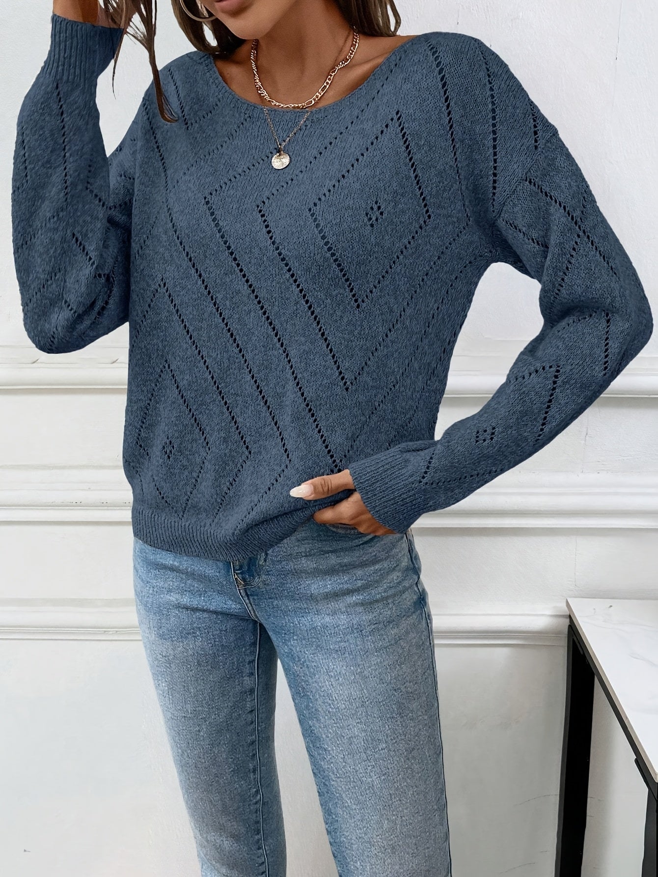 Women'S Acrylic Knit Pullover Sweater, Drop Shoulder Long Sleeve, Solid Color, Medium Stretch, Regular Fit, with Boat Neck Collar for Spring/Fall