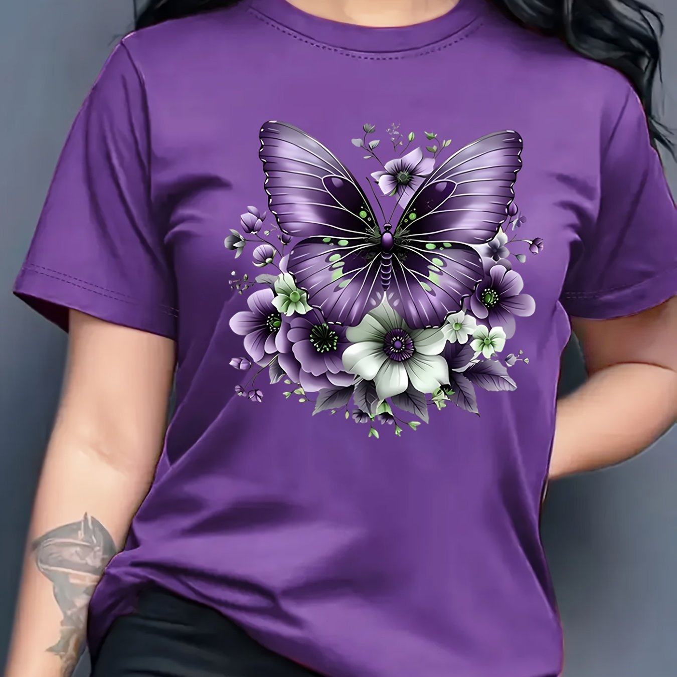 Women'S Floral Butterfly Print T-Shirt, Short Sleeve Crew Neck Casual Top for Spring & Summer, Vibrant Green with White & Blue Flowers, Perfect Birthday or Holiday Gift, Everyday Fashion | Vibrant Casual Top | Glossy Texture