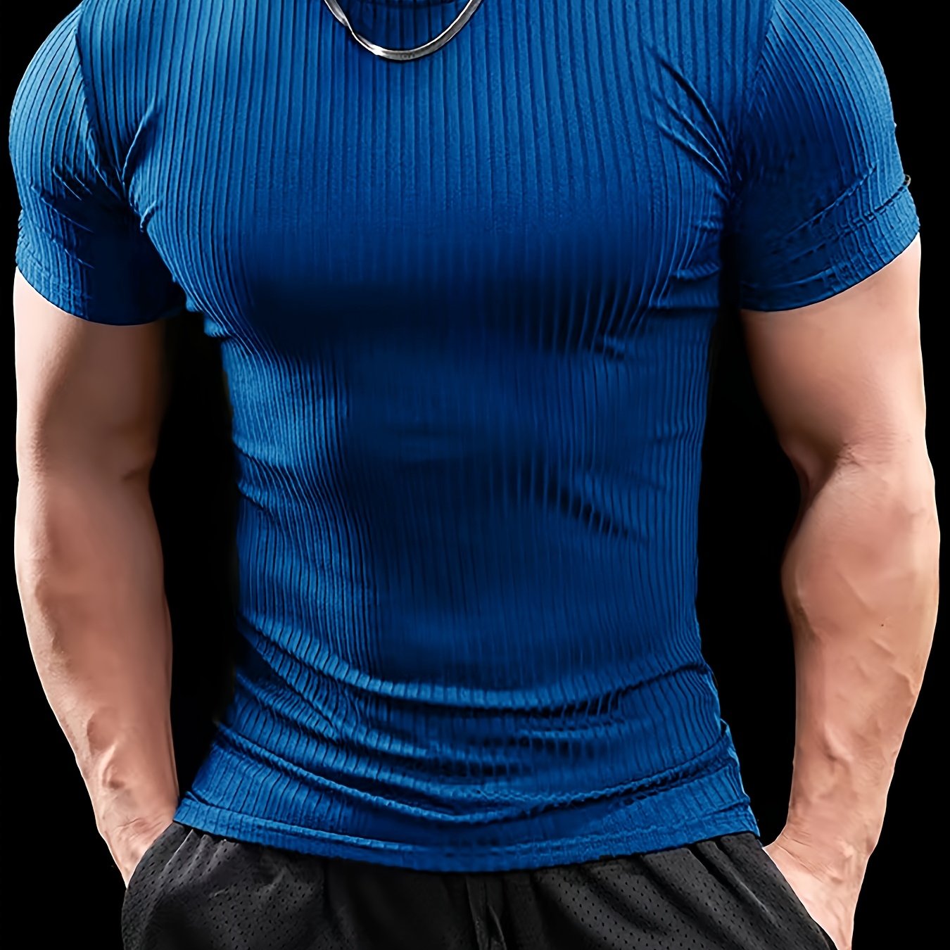 Men's Stretch Fit Short Sleeve T-Shirt - Breathable, Comfortable Polyester Blend, Solid Blue, Crew Neck, Casual & Sporty Style for Spring/Summer