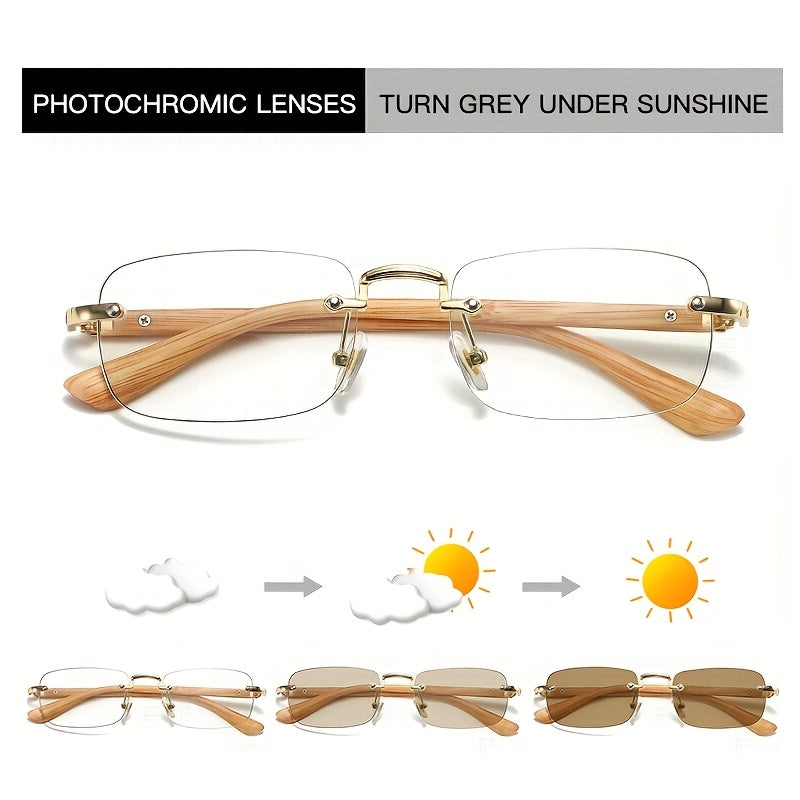 1pc Fashionable Retro Frameless Rectangular Glasses, Metal Frames with Hinges, Lenses will change color and not make everything too dark, so you can wear them for evening walks in the city, holiday photos, beautiful birthday