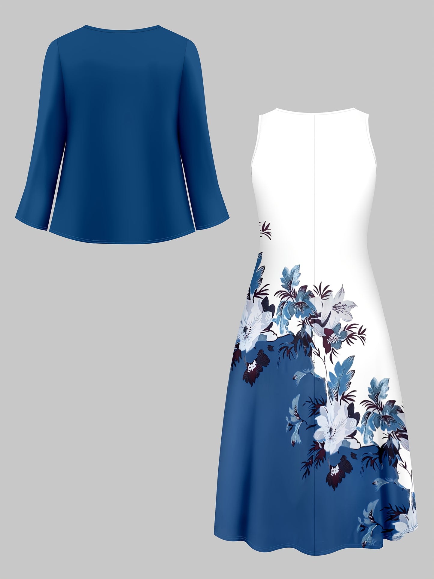 Fashion Women's solid color small cardigan and floral print patchwork dress two-piece set
