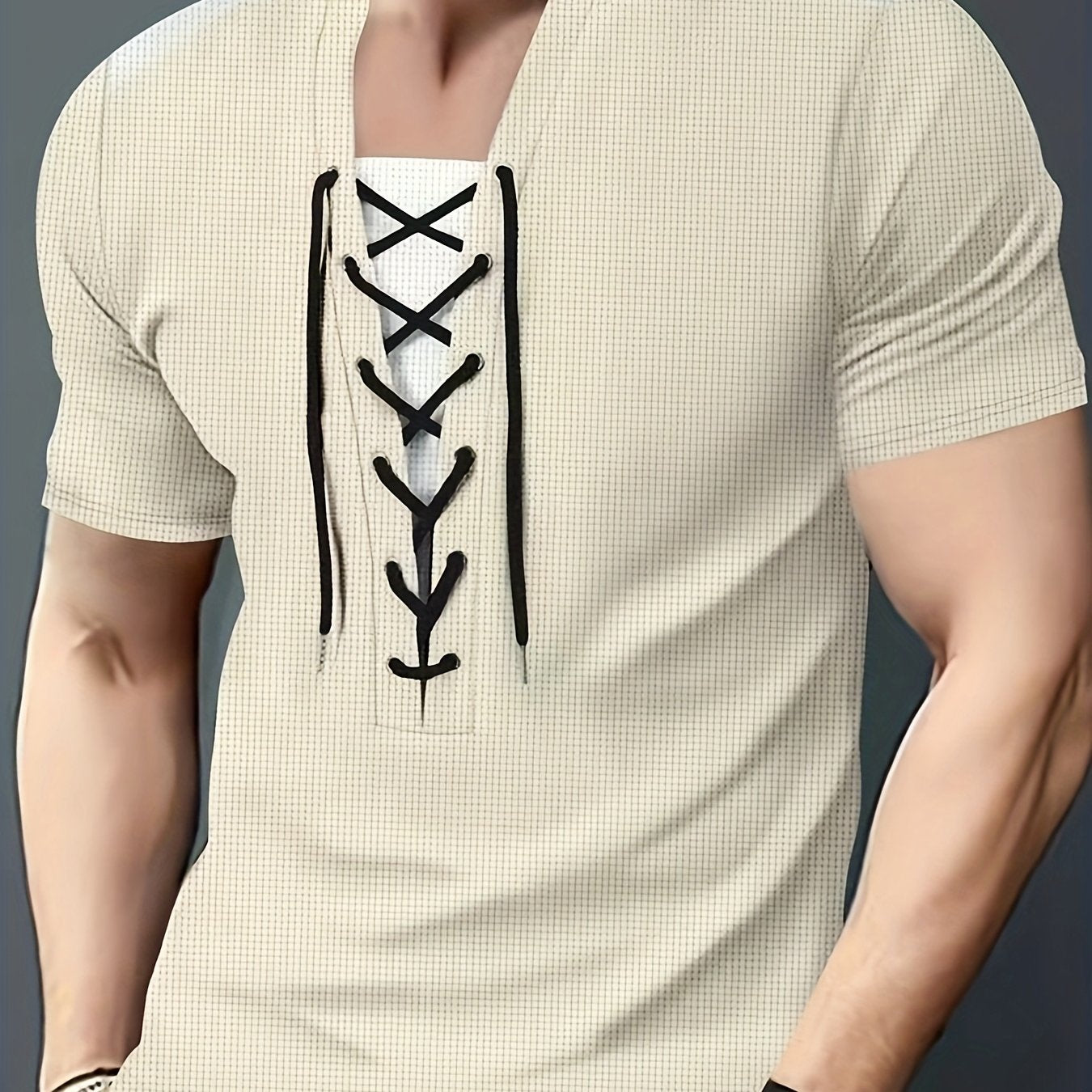 Men'S Casual Waffle Knit Short Sleeve T-Shirt with Drawstring Detail - Maroon & Black, Round Neck, Breathable Polyester Fabric for Summer Outings, Casual Weekend Wear | Round Neck Tee | Stylish Contrast Stitchin