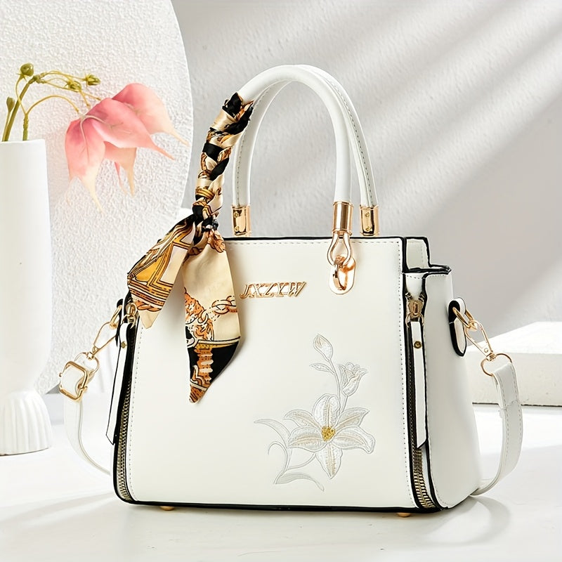 JXZYW Women'S Floral Embossed Large Capacity Tote Bag - Stylish White Shoulder Handbag with Golden-Tone Hardware, Black Handles & Floral Design for Commuting, Shopping, and Casual Outings, Versatile Carryall, Sophisticated Ac