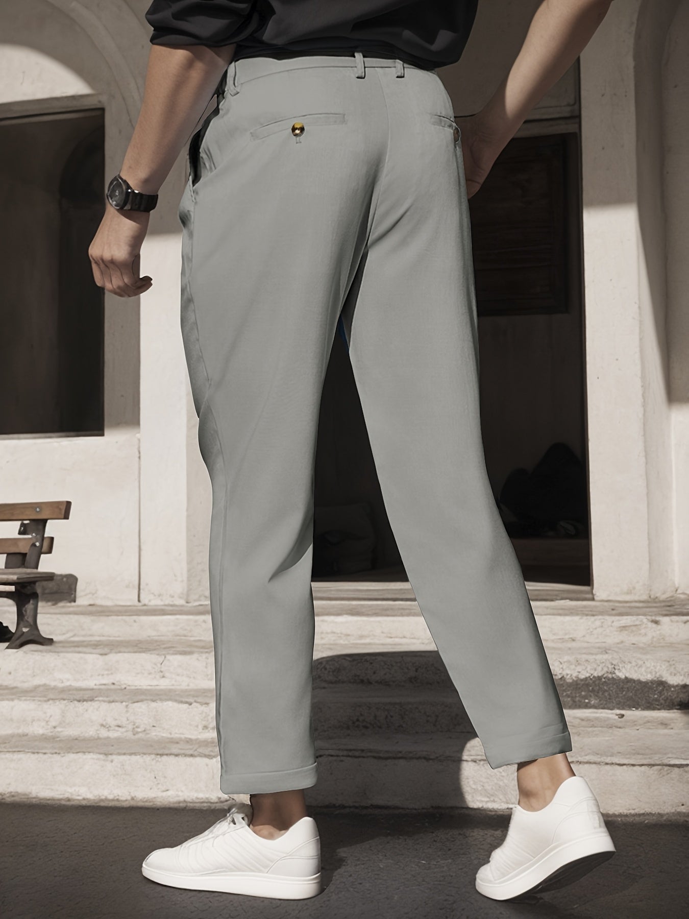 Men's Sleek Solid Color Dress Pants - Polyester, Mid-Rise with Pockets, Ideal for Office & Casual Wear in Spring/Summer, Non-Stretch Fabric