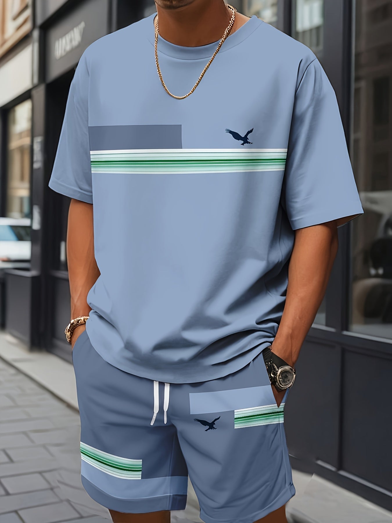 Men'S Casual Summer Two-Piece Athletic Wear Set - Light Blue T-Shirt with Green & White Stripes, Matching Shorts, Perfect for Daily Leisure, Vacation, and Sports, Casual Sportswear | Relaxed Fit Shorts | Stretchable Fabric