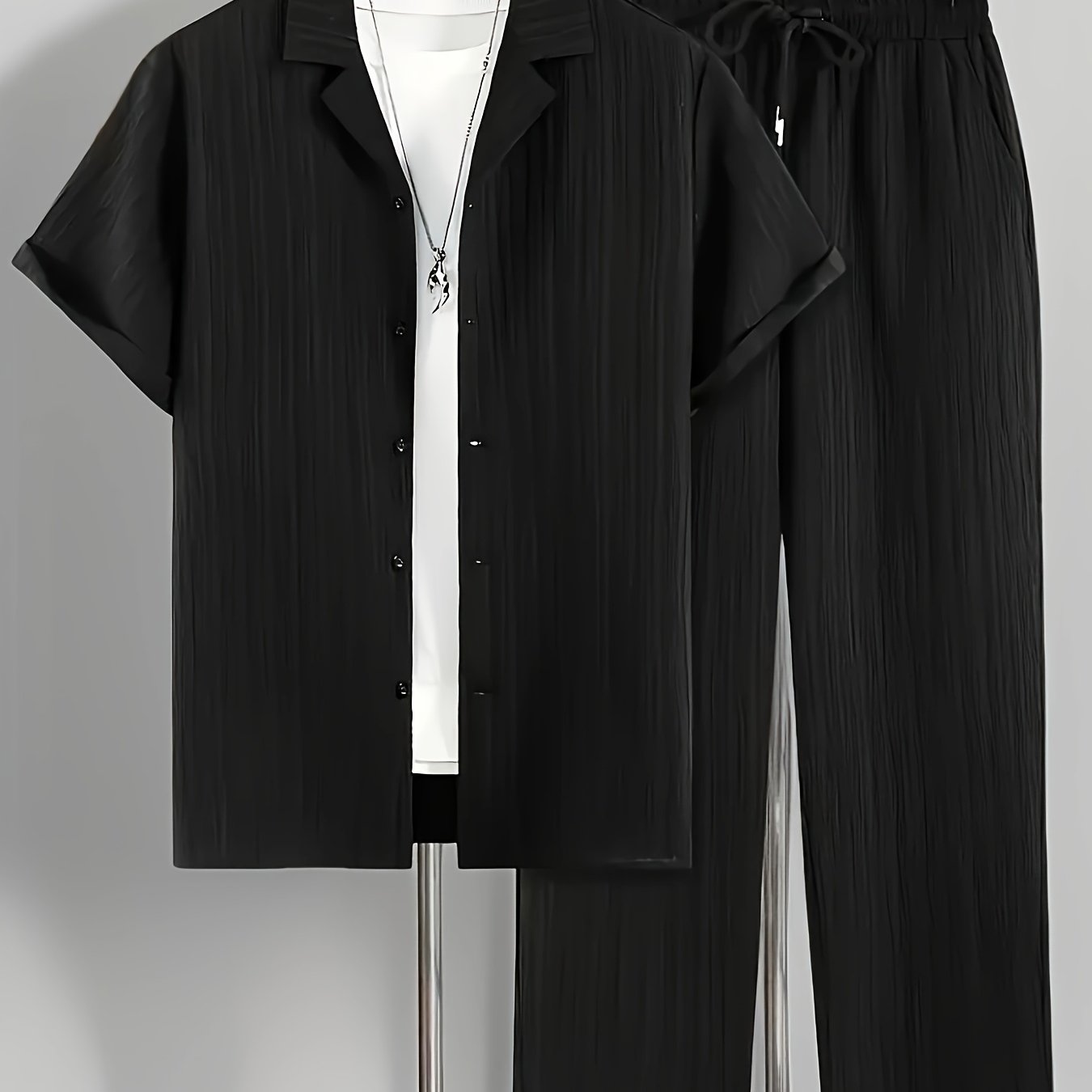 2pcs Men'S Casual Summer Set - Short Sleeve Button-Up Cuban Collar Shirt and Drawstring Waist Pants, Polyester Blend, Solid Color, Regular Fit, Breathable Fabric, Lightweight for Daily Wear