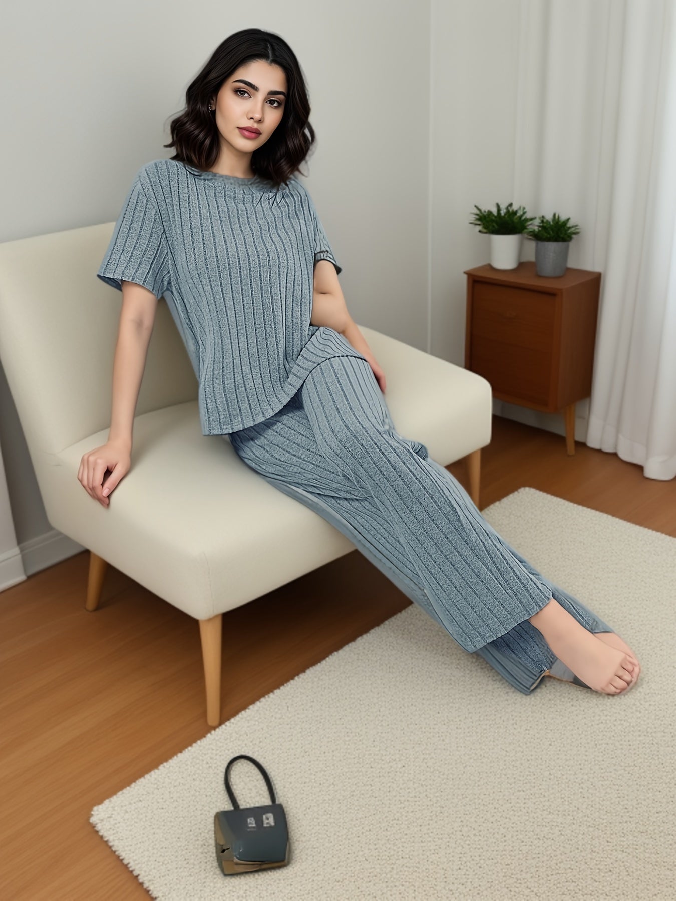 Women's Solid Ribbed Elegant Loose Fit Lounge Set, Short Sleeve Round Neck Top & Pants, Comfortable Relaxed Fit