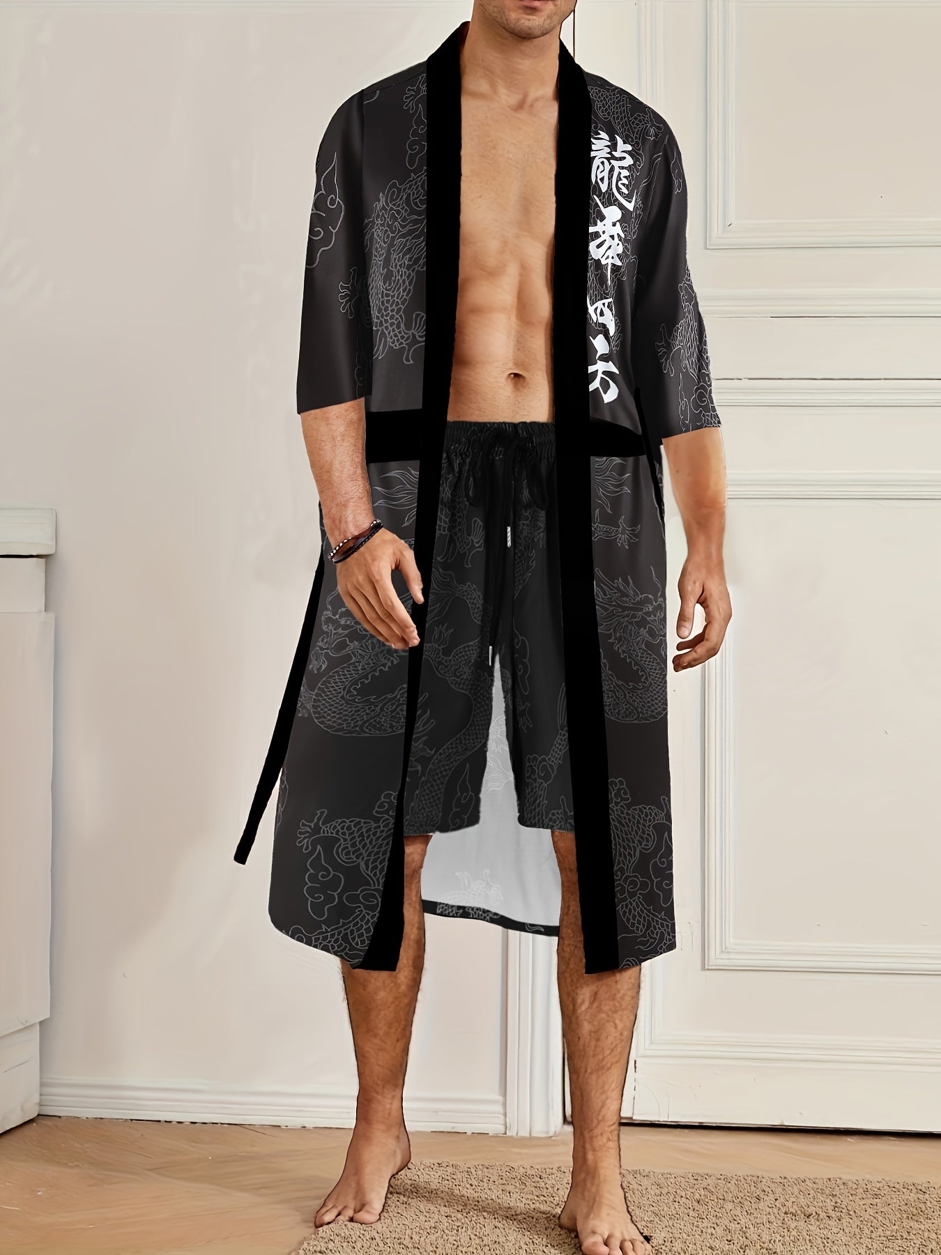 Men'S Dragon Dance Square Dragon Print Robe and Shorts Set - Casual V-Neck, Non-Stretch Polyester Home Wear with Belt Detail, Regular Fit