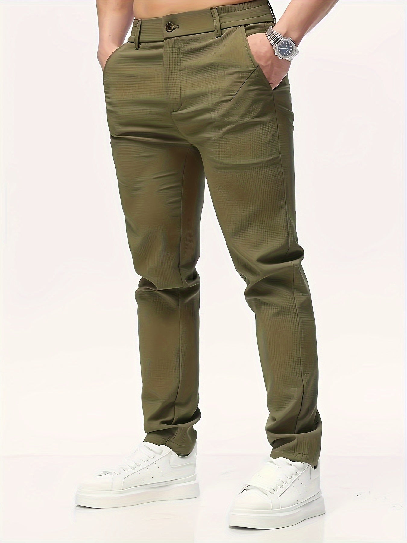 Men's Casual Solid Color Pants - Polyester, Machine Washable, Button Detail, Regular Fit for All Seasons