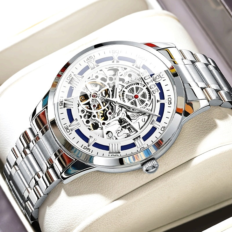 Dianpai Men'S Luxury Automatic Mechanical Watch - Skeleton Design, Stainless Steel Strap, Blue & White Dial, Mechanical Movement, Ideal for Christmas, Thanksgiving, and Spring Festival, Without Battery