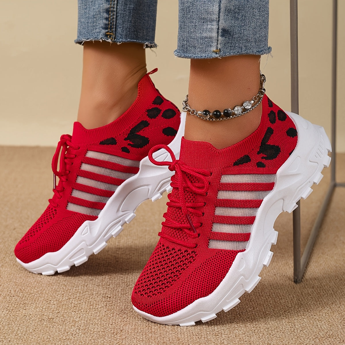 Women's Fashion Leopard Print Lace-Up Sneakers, Breathable Mesh Walking Shoes for Spring/Summer, Lightweight Comfortable Casual Sports Control Footwear with PVC Sole and Microfiber Insole