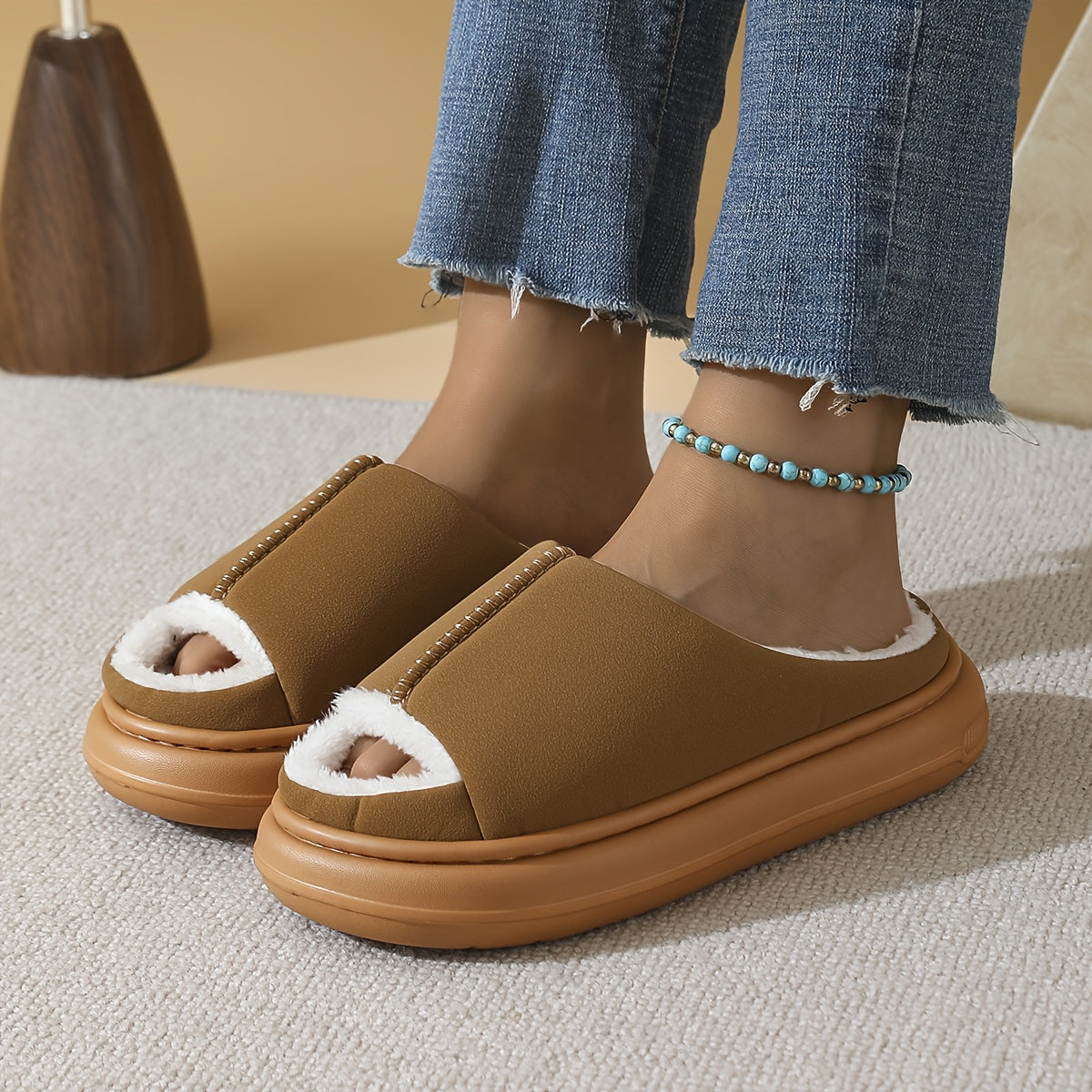 Women's Plush Slip-On House Shoes - Soft Open-Toe Indoor Slippers, Non-Slip Cushioned EVA Sole, All-Season Cozy Lounge Footwear Black/Gray/Beige/Pink/White - Elegant Home Decor Gift for Women, Simple Design, Durable Sole