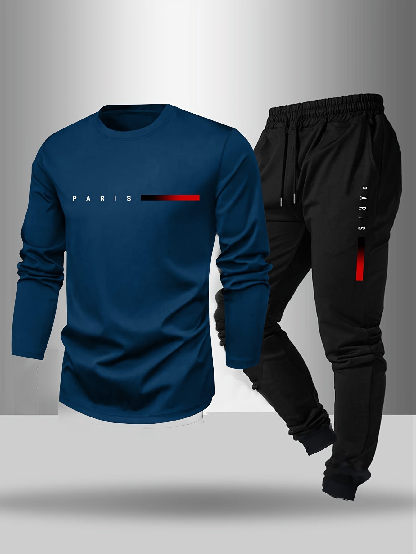 Men's Long Sleeve T-shirt and Pants Set, Spring/Autumn 2pcs set with Paris letter print round neck long sleeve T-shirt + drawstring outdoor casual sports pants set of 2