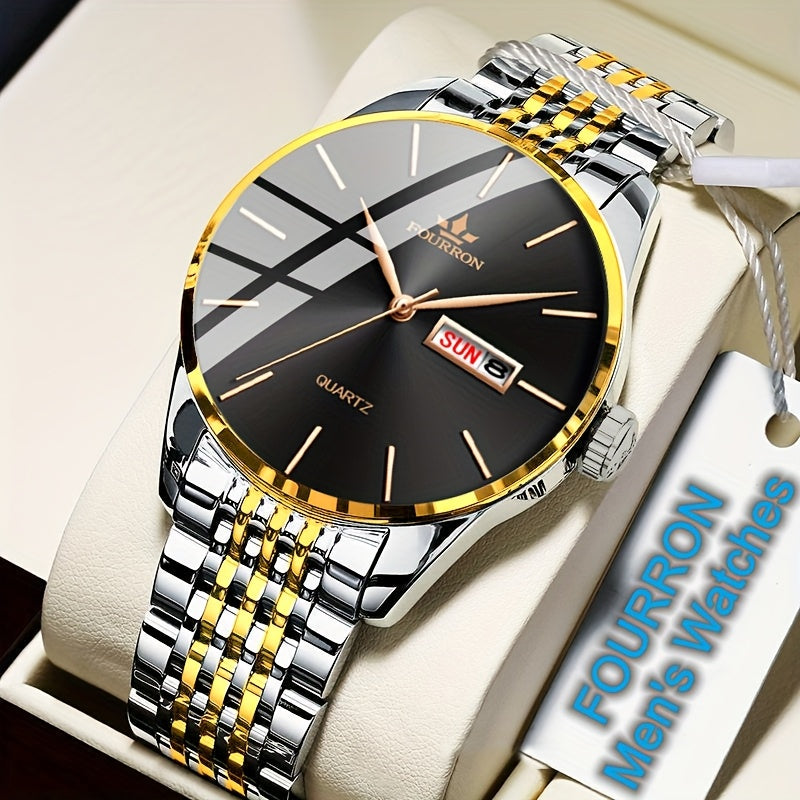 An Ideal Choice For A New FOURRON Brand Men's Luxury Stainless Steel Strap Simple Dial Quartz Watch With Date Calendar, Trendy Fashion Sports Casual Lifestyle Travel Multi-function Watch, Ideal For Friends' Birthdays, Holiday