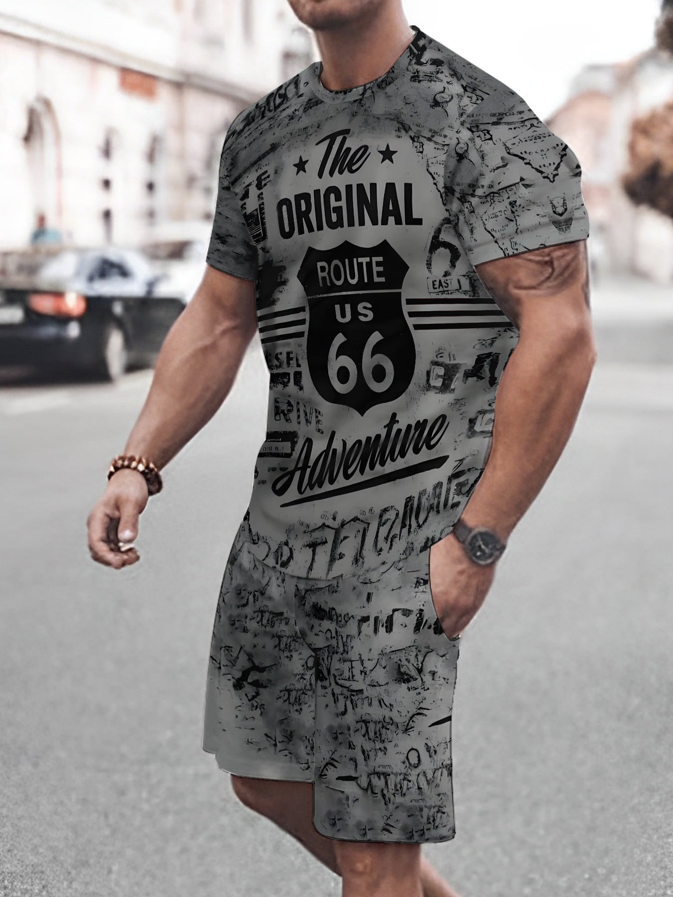 Men's Printed Short Sleeve T-shirt + Shorts Set Casual Sports Suit Breathable Outdoor Leisure Men's T-Shirt Five-Pants Set Summer 3D Printing Set Adult Male